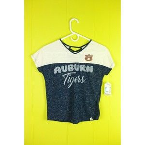 NWT Auburn Tigers Colosseum V-Neck Tee Shirt Girls L 10-12 Blue/White